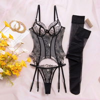 Ensemble de lingerie sexy pour femmes avec broderie florale, corset transparent à armatures, string et bas cuissardes, vente en gros OEM