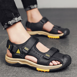 Men's Genuine Leather <b>Sandals</b> Summer Breathable Anti Slip Soft Sole <b>Closed</b> <b>Toe</b> Outdoor Beach Shoes Durable - Product Image 2