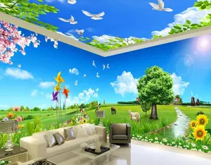 ZHIHAI Fresh blue sky and white grass field 3D themed space background wall nature wallpaper