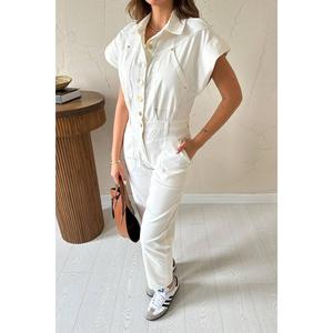 Overol de Mezclilla de Algodón Blanco para Mujer, Estilo Simple, Lavable, Manga Corta, Corte Clásico - Product Image 2