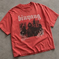 Kaos Pria Vintage 100% Katun Mineral Wash Destroyed Sun Faded Digital Print Merah Model Boxy Punk Distressed Lengan Pendek