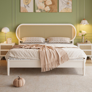 French Style Cream Solid Wood Rattan <b>Bed</b> 1.8M <b>Double</b> Platform <b>Bed</b> Soft Headboard Bedroom Furniture - Product Image 4