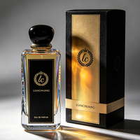 Flacon de parfum en verre rectangulaire transparent de luxe à base épaisse, avec bouchon décoratif noir brillant, bouchon personnalisé et coffret cadeau