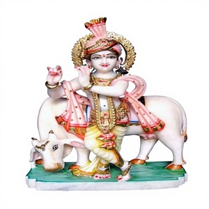 Estatua de Krishna en Mármol Pulido con Vaca - Escultura Religiosa Hindú para Adoración - Product Image 1