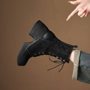 Botines de Piel Auténtica con Cordones Hechos a Mano, Estilo Clásico Retro, Tacón Grueso, Suela de Goma Suave, a la Moda - Product Image 3