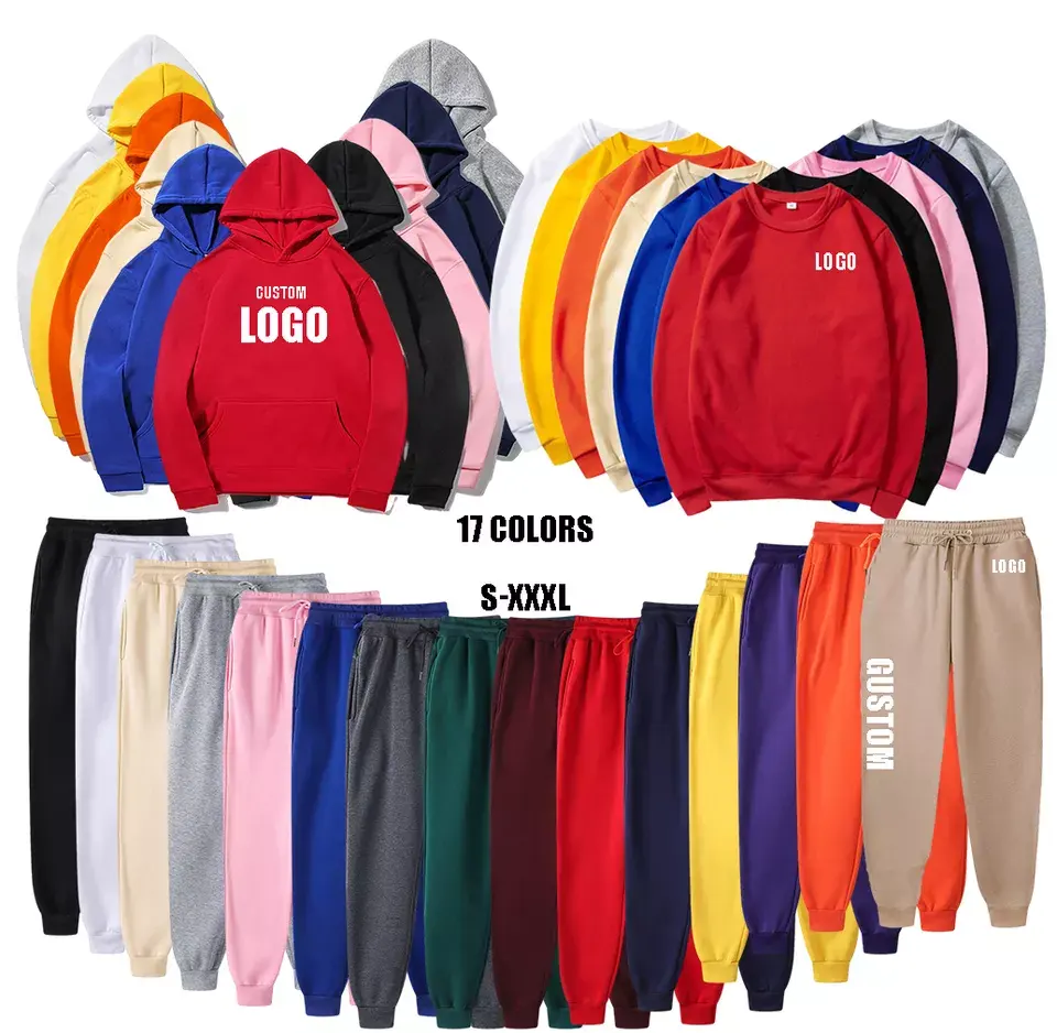 Fabrika üreticisi özel baskı nakış logosu erkek hoodie ve jogger seti düz erkekler için boş eşofman