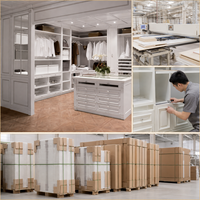 Dressing moderne sur mesure blanc crème avec éclairage LED, îlot central, tiroirs et étagères ouvertes pour chambre d'hôtel