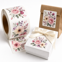 Autocollants décoratifs carrés personnalisés en rouleau, motif floral aquarelle, autocollants adhésifs pour boîtes cadeaux, sacs en papier et emballages