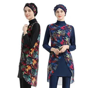 TSM-8E043 Ukuran Plus Baju Renang Muslim Celana Panjang Lengan Penuh Pakaian Renang Islami Wanita 4 Potong Pakaian Renang