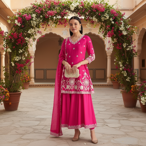 Robe traditionnelle indienne pour femme, Salwar Kameez en soie Georgette rose brodée, sur mesure, prête à porter pour les fêtes et les mariages - Product Image 2