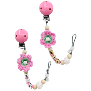 Catena per ciuccio con nome Fiore all'uncinetto rosa (Ragazza) - Product Image 1