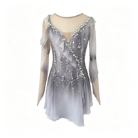 Robe de patinage artistique à épaules dénudées, dégradé gris et blanc, avec strass et maille, pour compétition et performance (adultes et enfants)