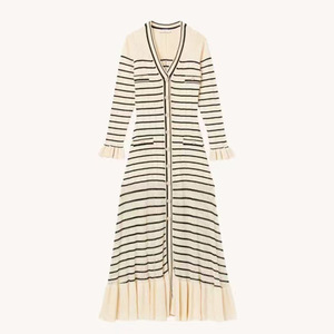 <span class=keywords><strong>Sandro</strong></span> Dress <span class=keywords><strong>Primavera</strong></span> y verano Nuevo francés Slouchy Mujeres Vestido Moda Rayas Vestido de punto Cuello en V Slim-Fit MIDI Falda - Product Image 5