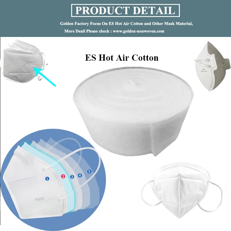 40gm Hotsale Es Hot-air Cotton Biodegradable Virginal Kf94 Fiber Hot Melt Non-woven 260mm Kn95 25gsm 90 Wide Nonwoven Fabric