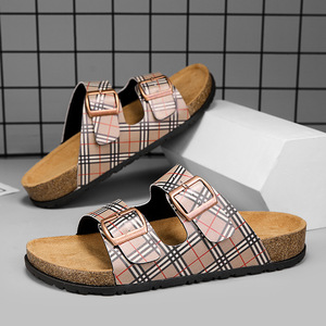 Designer Plaid Pattern Artificial Leather Slides slippers Open Toe Cork <b>Insole</b> Rubber Sole Fashion Summer men's slide Slippers - Product Image 1