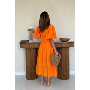 Robe plissée orange à manches ballon, tenue de soirée formelle, sexy, été, taille unique XS-6XL avec fermeture éclair décorative - Product Image 1