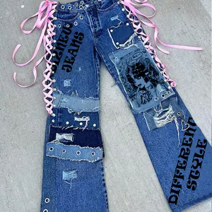 DiZNEW Pants Punk Jeans Fashion Street Men Wash Retro Wide Leg Straight Loose Burr Jeans Manufacturer Women Plus Size Jeans