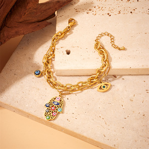 Gold Plated Hamsa Hand Necklace With Evil Eye Pendant Stainless Steel Chain Unisex Jewelry Gift Set - Product Image 3
