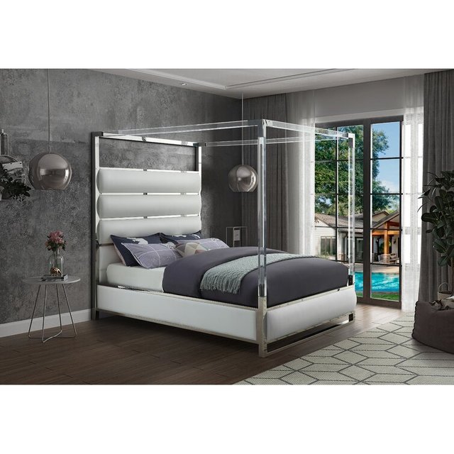 Kainice High Quality European Style Silver Crystal Acrylic Metal Canopy Bed Frame with Chrome Accents Foldable Queen King Size