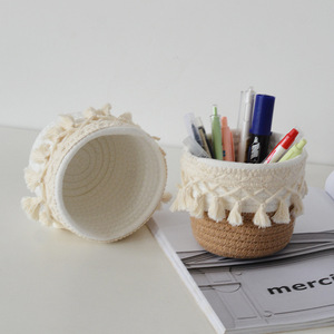 Desktop woven makeup brush <b>storage</b> bucket, handmade cotton <b>rope</b> office pen holder, household miscellaneous item organizing - Product Image 1