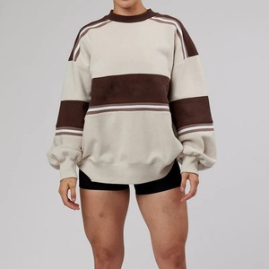Sweat-shirts unisexes de sport en molleton éponge de haute qualité, personnalisés, à rayures côtelées, col rond marron - Product Image 3