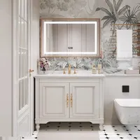 Ensemble de meubles de salle de bain en bois massif de style américain, lavabo en dalle de roche intégré sans joint, meuble de lavabo double à poser au sol