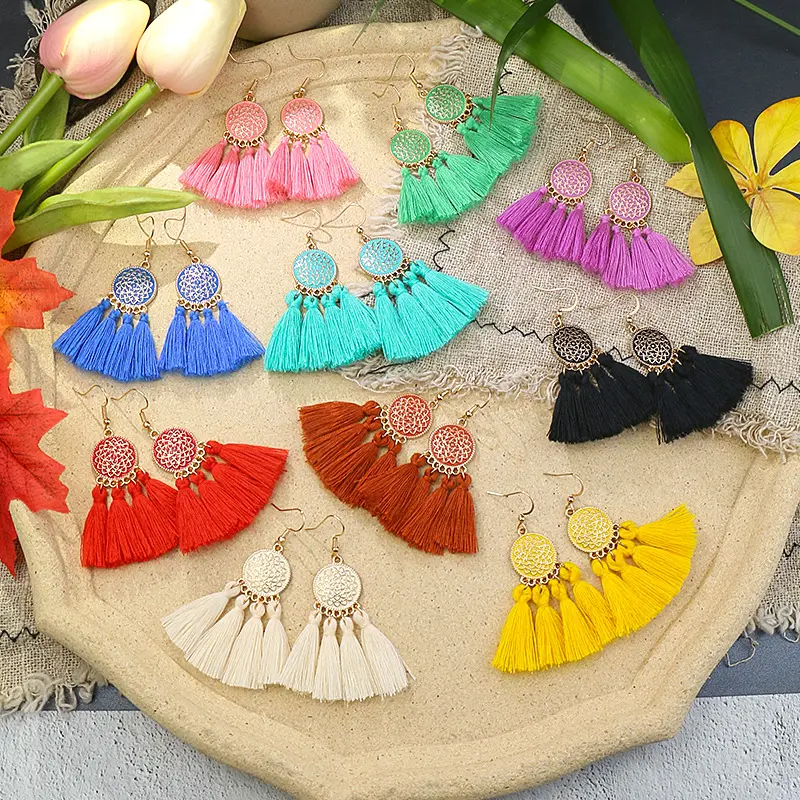 Fashion Bohemian Jewelry Colored Flowers Dripping Oil Round Women Boho Tassel Earrings