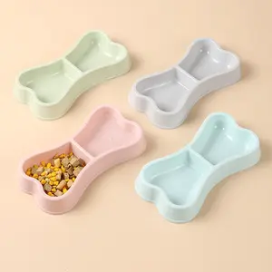 Wholesale Dog Bone Shape Plastic Pet Double Bowl Macaron Bone Shaped Dog Double Pet Bowl