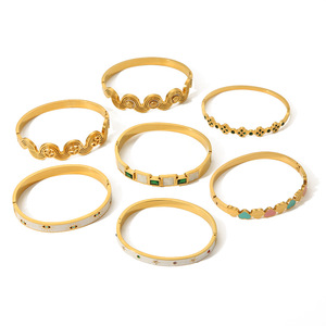 Bracciale rigido in acciaio inossidabile placcato oro 18K con smalto, conchiglia bianca, stella, zircone, cuore geometrico, goccia d'olio e occhio di demone - Product Image 5