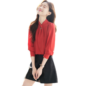 Women's Red Satin Blouse Long Sleeve Wrap Tie Office Shirt Solid Color Polyester Q9974 - Product Image 5