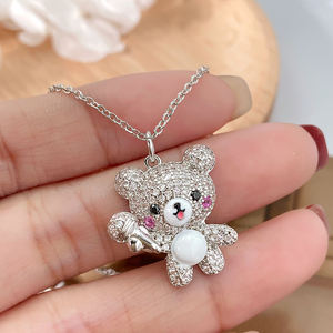 Bijoux en argent sterling 925 pour filles vermeil plaqué or 18 carats émail porte-bonheur ours mignon chantant avec microphone colliers pendentifs fins - Product Image 1