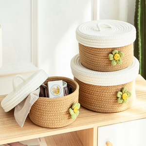 Woven Storage Box With Lid Round Handmade Cosmetic <b>Basket</b> For Desk And Home Use - Product Image 4