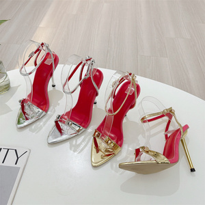 Nuevas Sandalias de Tacón Alto con Punta Abierta, Plateadas y Doradas, con Pedrería, Remaches y Hebilla Metálica, Estilo Sexy y a la Moda - Product Image 3