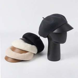 Gorro de Mujer de Moda Otoño Invierno 2024, Gorro de Lana de Calidad con Visera de Cuero PU para Eventos, Marca Famosa - Product Image 1