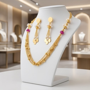 Parure de collier Mala italien en argent 925 plaqué or, chaîne perlée multicouche avec boucles d'oreilles pour femme, idéale pour les soirées - Product Image 3