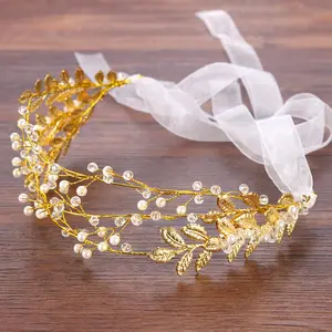 Handmade Ribbon Gold Leaves Pearl Headband Crystal Hair Jewelry Wedding Hair Accessories Romantic Bridal Tiara Crown Headdress