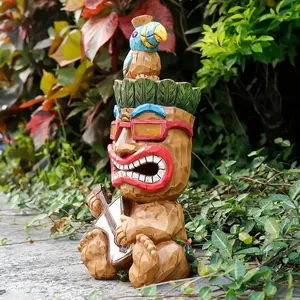 1pc, Statue Tiki Hawaïenne de 13 pouces-Figure sculptée en bois coloré et vibrant avec tenue traditionnelle et guitare - Product Image 3