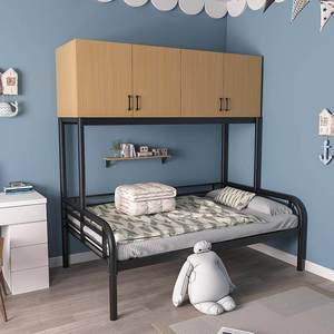 Modern Full Size Iron Frame <b>Single</b> <b>Bed</b> Top Wooden Storage Cupboard Adjustable Hanger Rod <b>Black</b> for Apartment - Product Image 6