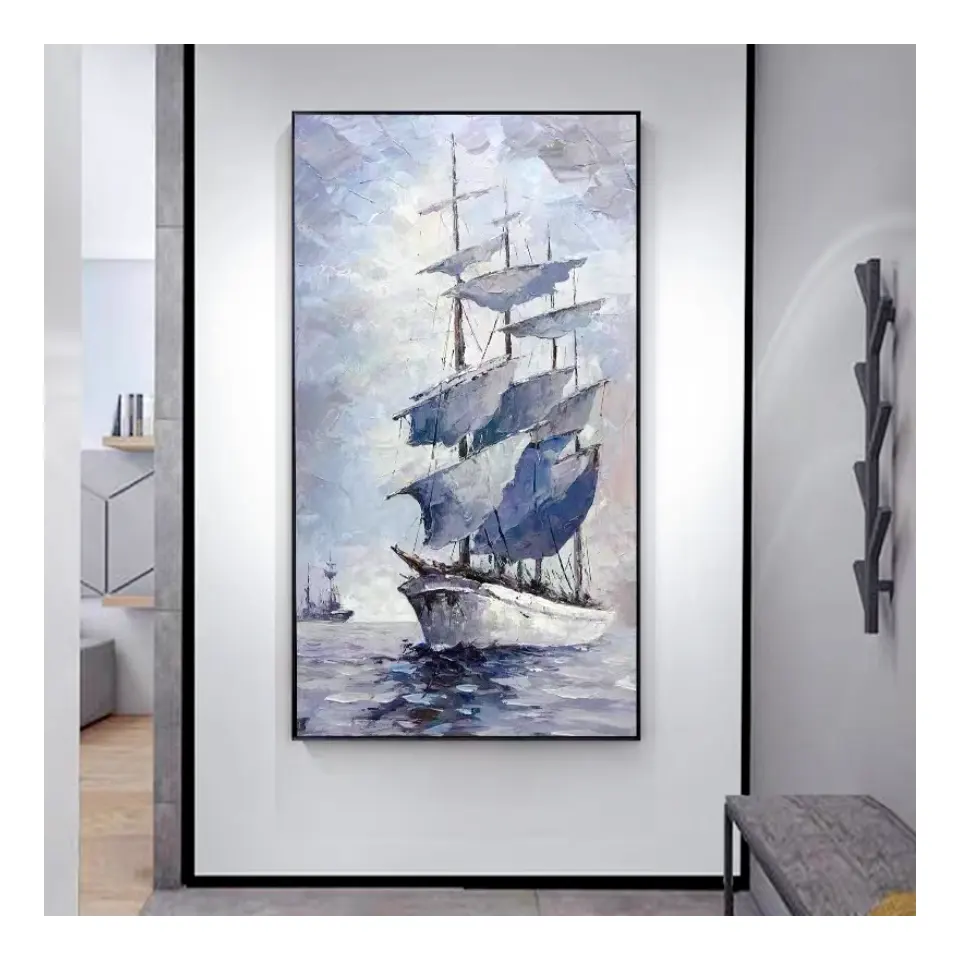 ArtUnion incorniciato bellezza barca a vela su paesaggio marino fatto a mano casa Wall Art Decor pittura a olio su tela per soggiorno
