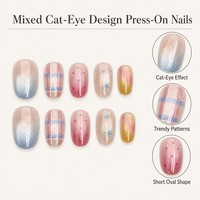 Faux ongles ovales courts œil de chat T1958 Kaixin Factory OEM, tendance français à carreaux et pois, à presser, fournisseurs