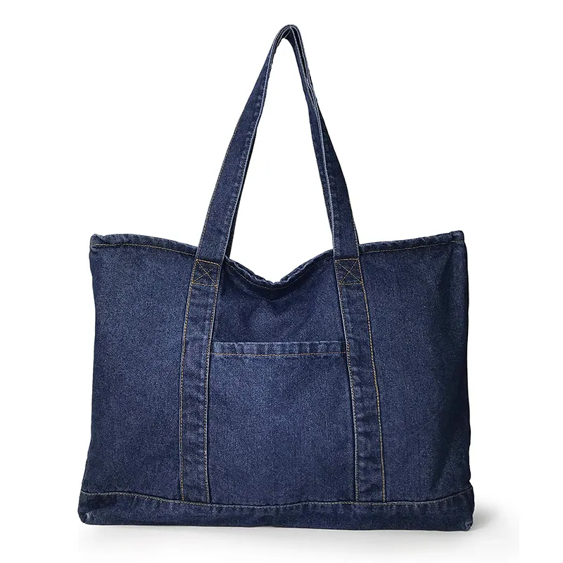 Custom Logo Recycled Travel Denim Duffle Bag Blue Jean Denim Shoulder Handbags Women Denim Canvas Tote Bag
