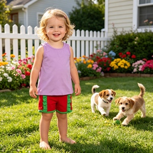 Conjunto sin mangas para niña GSSO3465 rts Little Active Girl, morado con estampado sólido y lazos verdes, venta al por mayor para niños - Product Image 1