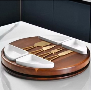 Nhà Máy bán hàng lười biếng Susan pho mát Cắt <span class=keywords><strong>Board</strong></span> Set vòng gỗ charcuterie <span class=keywords><strong>Board</strong></span> pho mát phục vụ Platter với 2 gốm Bát - Product Image 3