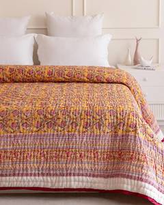 Indian Hand Block Print Amber Yellow Cotton Quilt Floral Bedspread Queen Size <b>Comforter</b> Summer Blanket - Product Image 6