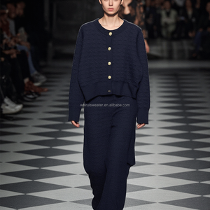 Cardigan en <span class=keywords><strong>mohair</strong></span> bleu foncé tricoté style vintage avec motif logo sur le devant, anti-boulochage, pour femme - Product Image 1