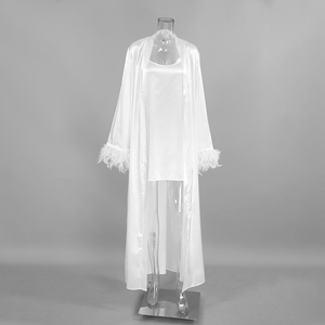 QINSI Women 2025 Autumn Sleepwear Female Casual V Neck Night Dress <strong>White</strong> <strong>Set</strong> Woman <strong>2</strong> <strong>Pieces</strong> Feathers Long Sleeve Bathrobe - Product Image 5