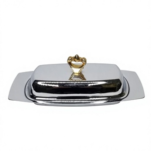 Beurrier en acier inoxydable 304 avec couvercle à bouton doré de luxe, vaisselle de table pour événements festifs, décoration de table - Product Image 1
