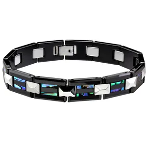 Pulseira Cheng Jewelers para homens e senhoras, pulseira hip hop preta prateada com material cerâmico preto e opala azul