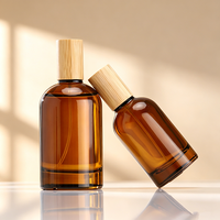 Botol Parfum Kaca Amber Persegi Panjang Mewah Kosong 30ml 50ml 100ml Berkualitas Tinggi dengan Tutup Kayu Bambu dan Pompa Semprot