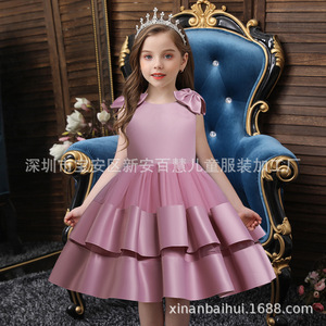 Children's Satin Dress O-Neck A-Line Red Bean Paste Pink Champagne For Flower Girls - Product Image 2